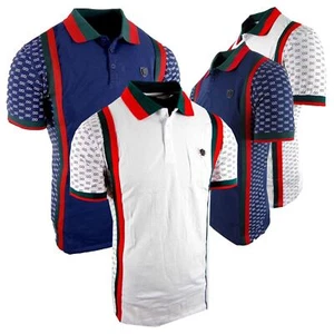 Mens Polo Shirt Italian Sport Side Print Stripe Collar Slim Fit Golf Stretch - Picture 1 of 11