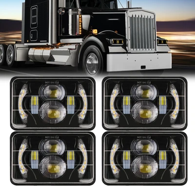 4pcs 4x6'' Led Headlights Hi-Lo Sealed Beam DRL for Peterbilt Kenworth T800 W900 - Image 1 of 4