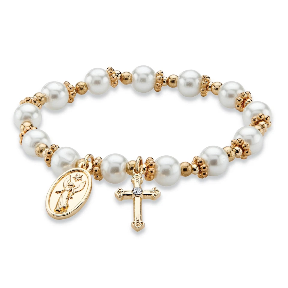 Round Simulated Pearl and Beaded Religious Stretch Bracelet in Goldtone 7" - Image 1 of 4