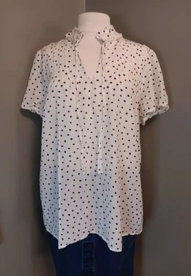 Ann Taylor Loft Cotton/Silk Blend Ivory With Navy Blue Polka Dot Top Size XXL - Image 1 of 4
