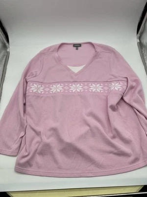 Essentials Women’s 2X Pink V-Neck Snowflake Pullover Top Cotton Blend Long Sleev - Image 1 of 4