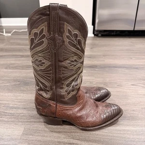 P's Ferrini Ostrich Leather Cowboy Boots Brown Lizard Inlay Stitching Size 10 - Picture 1 of 13