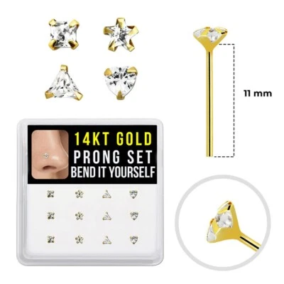 12PCS 14K Solid Gold 22G 11mm Bendable Fishtail Nose Stud Clear Crystal CZ - Image 1 of 4