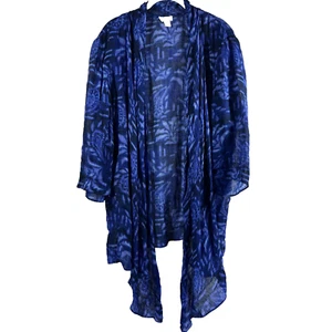Chicos Cardigan XL 100% Linen Open Blue 3/4 Sleeves Asymmetrical Tie Boho Beach - Picture 1 of 6