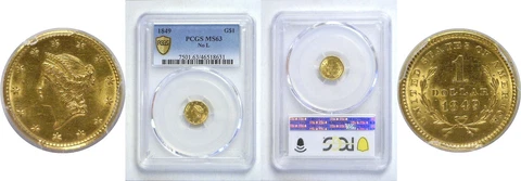 1849 One Dollar Gold Coin PCGS MS-63 No L Cover