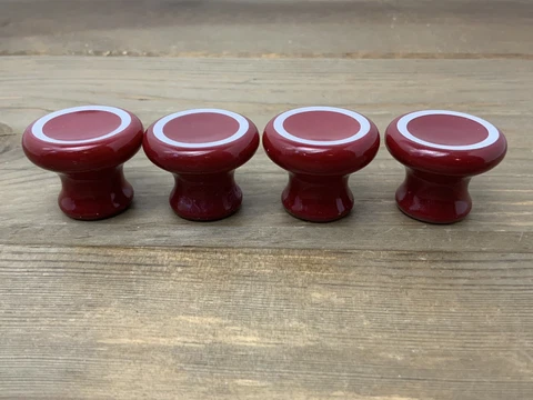 4 Vintage Porcelain Round Knobs Red w White Stripe Japan Includes Screws 1.25” Cover