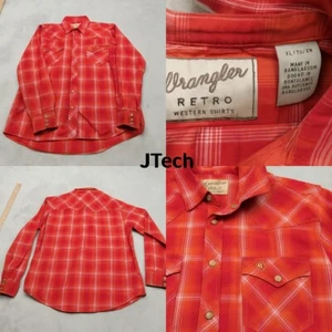 Vintage Wrangler Pearl Snap Shirt Youth XL Orange Plaid Long Sleeve Button Rodeo - Picture 1 of 14