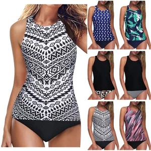 Two Piece Women's Tankini Set Tummy Control Swimsuit High Waist High Neck Halter - Picture 1 of 31