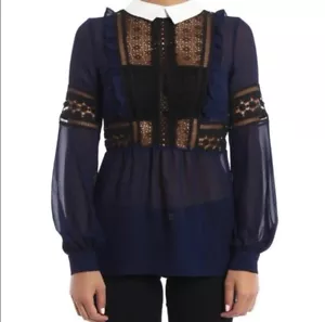 SELF-PORTRAIT Balloon-Sleeve Chiffon Top - Navy - UK 6/US 2 - Picture 1 of 8