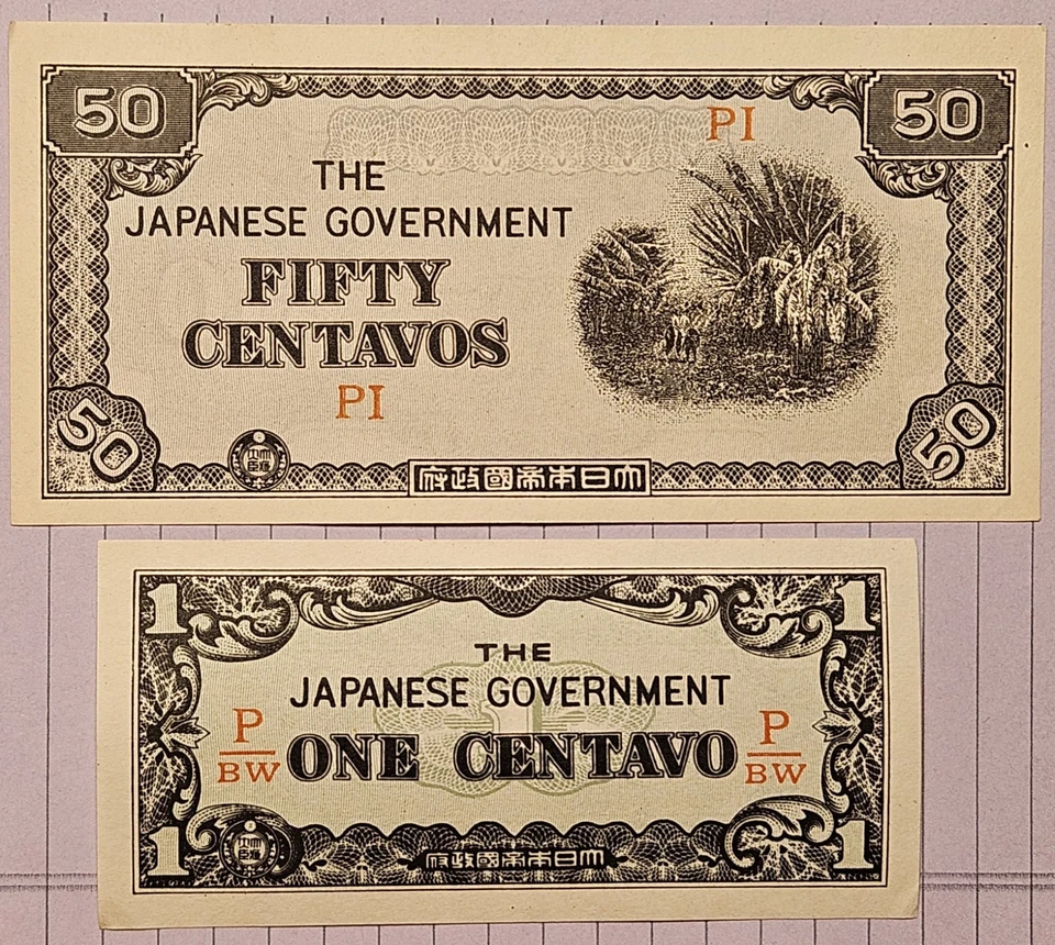 Lote de 2 piezas, Segunda Guerra Mundial 1942 Ocupación del gobierno japonés 1 y 50 centavos Filipinas Foto 1 de 2