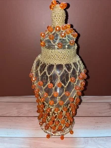 Vintage Apothecary Jar Green And Gold Crochet Beaded Glass with Lid MCM Decor - Picture 1 of 2