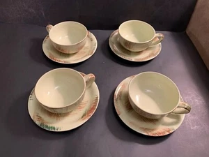 Vernon Kilns Raffia 4 Cups & Saucers Celadon Green Mid Century Modern California - Picture 1 of 12
