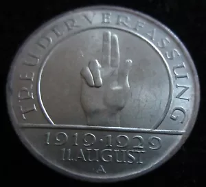 MDS DEUTSCHES REICH WEIMAR 3 REICHSMARK 1929 A "SCHWURHAND-VERFASSUNG" SILBER #B - Bild 1 von 2