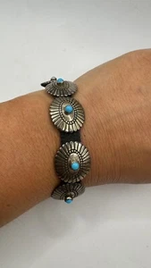 Pulsera Navajo Nativo Americano Plata Esterlina Turquesa Conchos Cuero #2 - Imagen 1 de 16