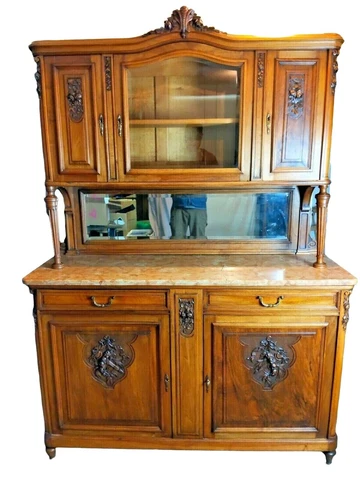 ANTIQUE FRENCH LOUIS XVI WALNUT BUFFET SERVER HUTCH HAND-CARVED MARBLE MIRROR Cover