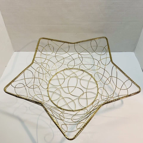 Gold Tone Star Shaped Basket Fruit Centerpiece Holidays Metal Wire 15" x 4" Cover