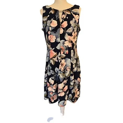 Liz Claiborne Sleeveless Pleated Navy Blue Floral Dress Women's 10 - Image 1 of 4