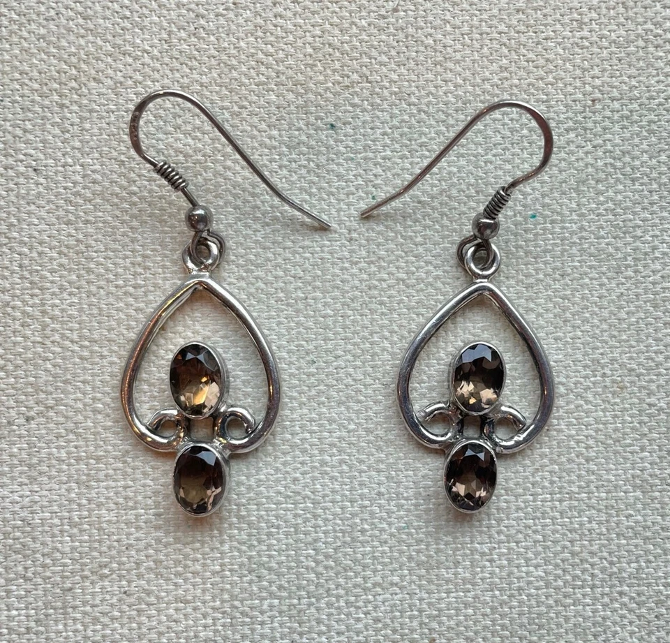 Smokey Topaz Dangle Earrings Sterling Wave Curve Vintage Steampunk Artisan 1.75" - Image 1 of 4