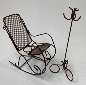 Vintage Dollhouse Furniture Metal Bentwood Rocking Chair and Hall Tree Brown  - Picture 1 of 3