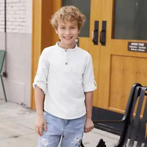 Boys Crisp White Cotton Linen Roll Tab Sleeve Banded Collar Henley Shirt Summer - Picture 1 of 5