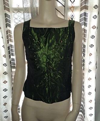 90s Crop Top 8 Green Satin Jessica McClintock Y2K Rhinestones Embroidery - Image 1 of 4