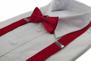 Boys Red Matching Bow Tie + Suspender Set Kids Unisex Dress Up Wedding New Style - Picture 1 of 4