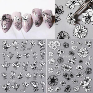 Black White Flower Leaf 3D Nail Stickers Nail Art Decals Summer Decal Decoration
