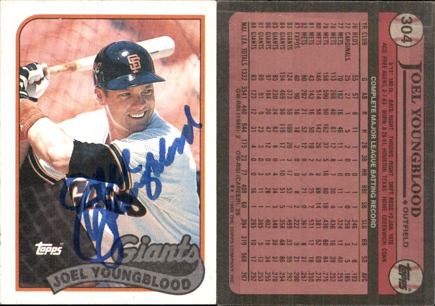 Joel Youngblood Signed 1989 Topps #304 Card San Francisco Giants Auto AU