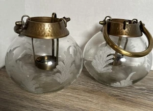 2er Set geätztes Blattglas rund Windlicht Teelicht Kerzenhalter Bronze gehämmert - Bild 1 von 6