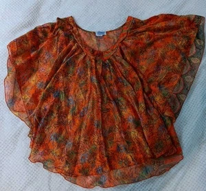 Blusa Mexicali Azul Naranja Mezcla de Seda Transparente Fluida Manga Mariposa Boho Chic - Imagen 1 de 15