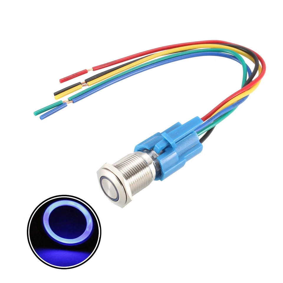 Momentary Push Button Switch 16mm Mounting 1NC NO 12V Blue LED with Socket Plug - Image 1 of 4