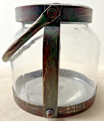 Metal And Glass Lantern w/Handle Inside/Outside Contemporary Nautical 6.5" H EUC - Image 1 of 4