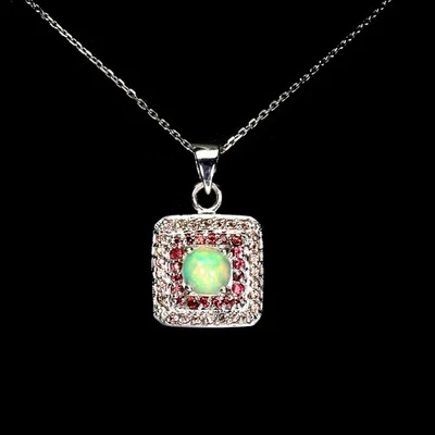 925 Sterling Silver Round Necklace Fire Opal 6mm Sapphire Diamond Cut Gemstone - Image 1 of 4