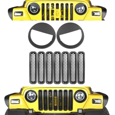 Cubierta de faro delantero negra Fit Jeep Wrangler TJ 1997-2006 4 PIEZAS + insertos de parrilla Foto 1 de 4