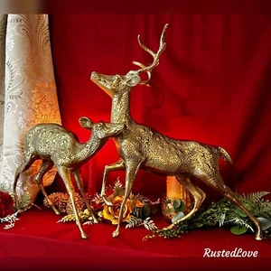 Brass Deer Christmas Holiday Statues Centerpiece Gold Deer Rustic Cabin LG #86 - Picture 1 of 11