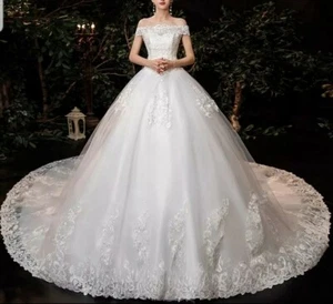 UK White Ivory Lace Off Shoulder Sequins 1M Train A Line Wedding Dress Size 6-20 - Picture 1 of 4