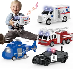 Car Toys for 3 Year Old Boys,4 Packs Emergency Vehicle Toys with Lights and Sire - Picture 1 of 12