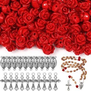 140 Stck. Rosenkranz Herstellung Zubehör Geschnitzte Rose Perlen Blume Perlen Rosenkranz Set Kreuz C - Bild 1 von 3