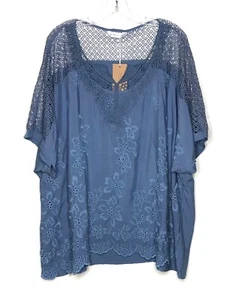Tendency Embroidered Floral Crochet Top Women's 3XL Eyelet Blue Boho Cottagecore - Picture 1 of 9