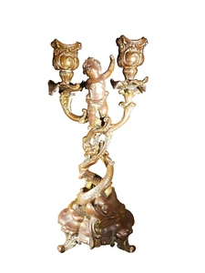 Antique Bronze spelter Candleabra Cherub and Koi fish 10 x 7in ornate casting - Picture 1 of 12