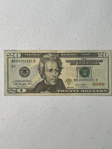 Series 2013 $20 {3} Digit Low SN MB00000281B federal reserve notes - Picture 1 of 2