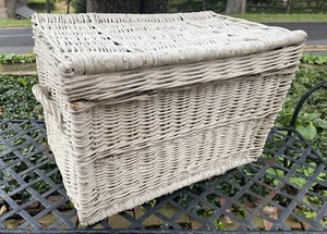 Antique Wicker Trunk Basket w/ Lid Handles Large Vintage Storage - Picture 1 of 10