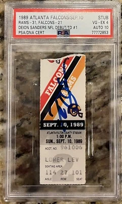 1989 DEION SANDERS SIGNED NFL DEBUT & TD #1 TICKET HIGHEST GRADED PSA 4💎AUTO 10 - Image 1 of 4