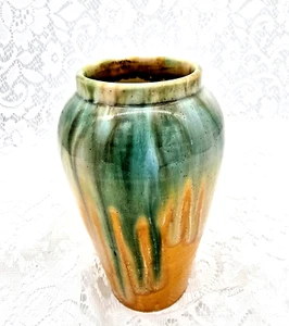 Hand Painted Fluid Art Glass Ceramic Vase 7.25" Tall Handmade Drip Glaze SIGNED - Picture 1 of 9
