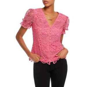 Aqua $78 Broderie Anglaise Lace Short Puff Sleeve Pink Blouse Size Small NWT - Picture 1 of 2