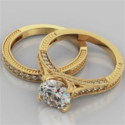 Round Cut 1.40 Ct White Diamond Lab-Created Wedding Ring Set 14K Yellow Gold FN - Image 1 of 3