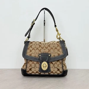 COACH Signature Legacy Slim Flap Shoulder Bag Brown Black Turnlock Used 111806 - Picture 1 of 10