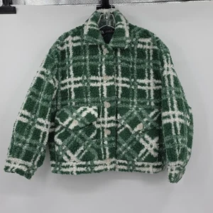 Zara Green and White Plaid Women's Sherpa Teddy Jacket Size XS - Picture 1 of 7