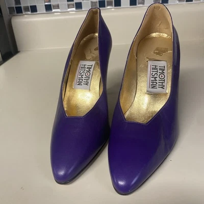 Zapatos de salón Timothy Hitsman vintage de cuero púrpura talla 6 tacón dorado ondulado Foto 1 de 4