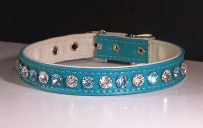 Rhinestone Dog Collar sm pet Deluxe handcrafted Turquoise Jewel Crystal Bling! - Image 1 of 4